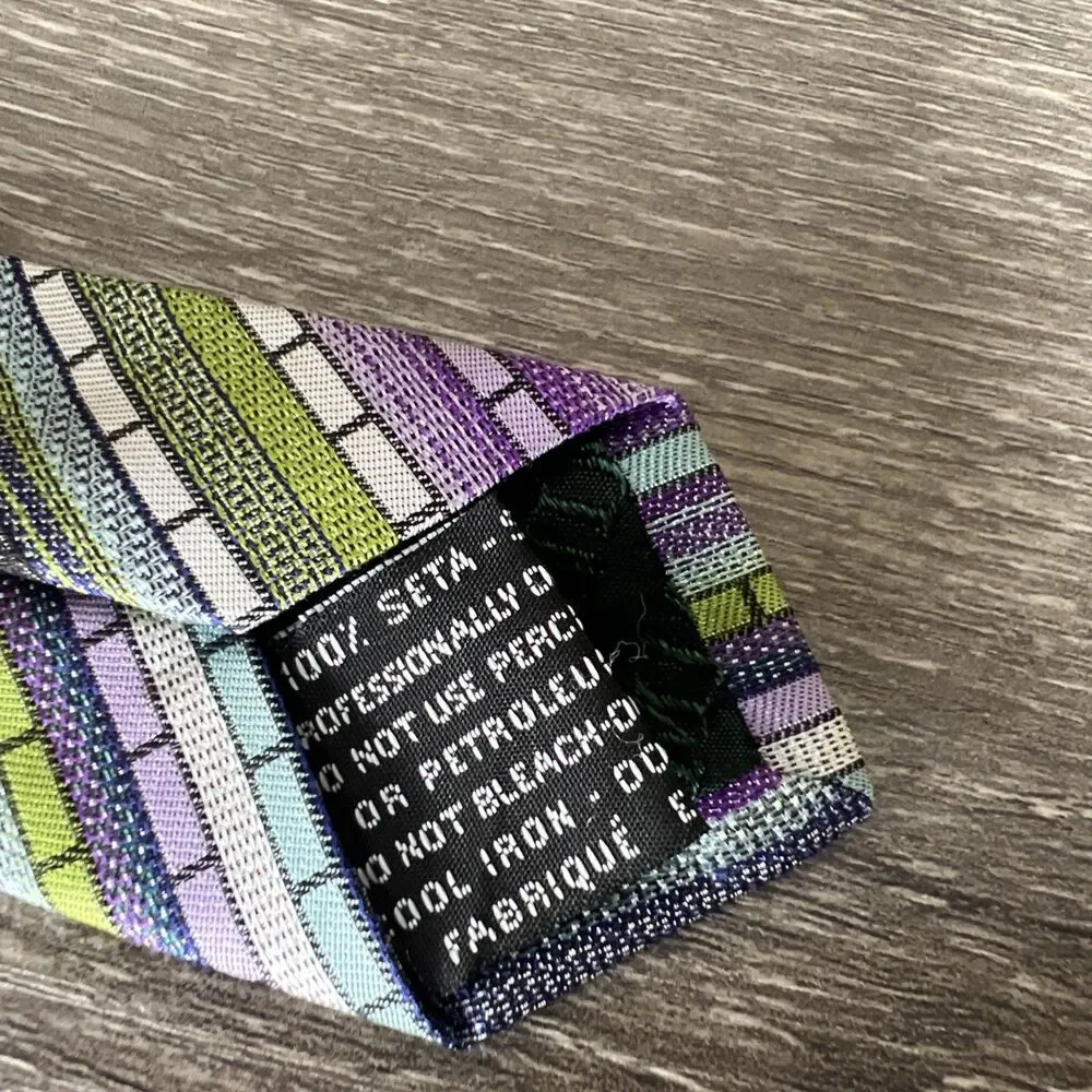 Missoni Geometric Striped Silk Necktie Purple Green Luxury Designer Italy 60